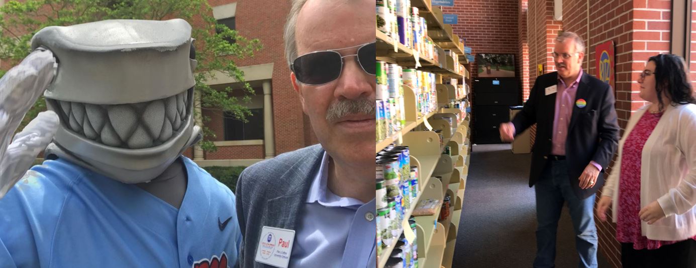 Photos of Paul on campus with Tony the Landshark mascot and in the University of Mississippi Food Bank